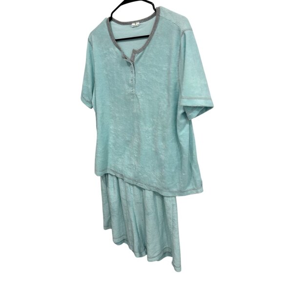 Silver Wear Light Blue Terrycloth Lounge Set Henley Top Elastic Waist Shorts - Picture 3 of 12